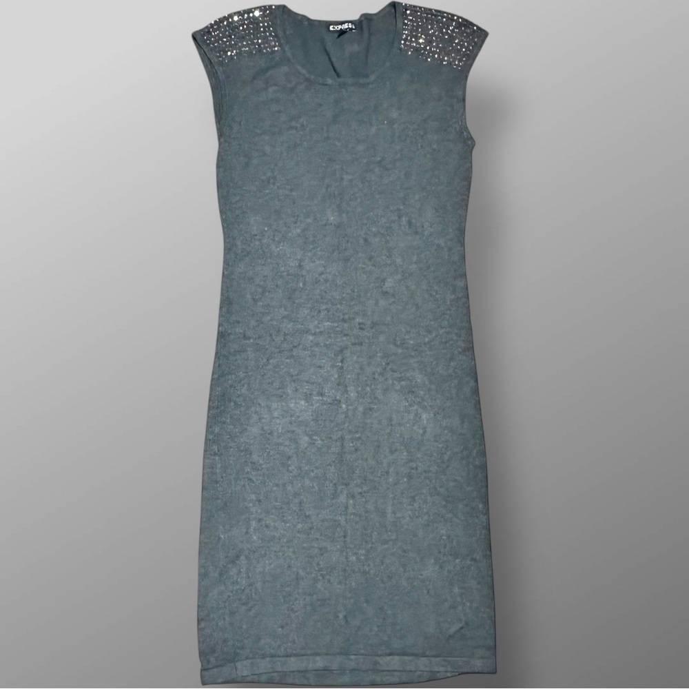 Express Gray Studded Shoulder Bodycon Mini Dress XS Stretch Knit Glam
